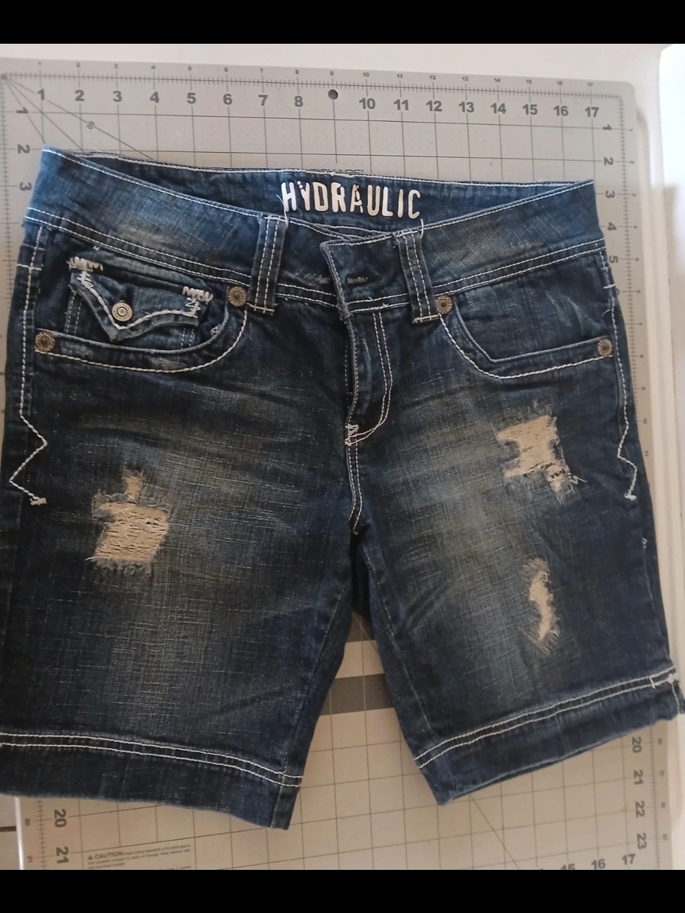 Hydraulic Distressed Dark Wash Denim Bermuda Shorts